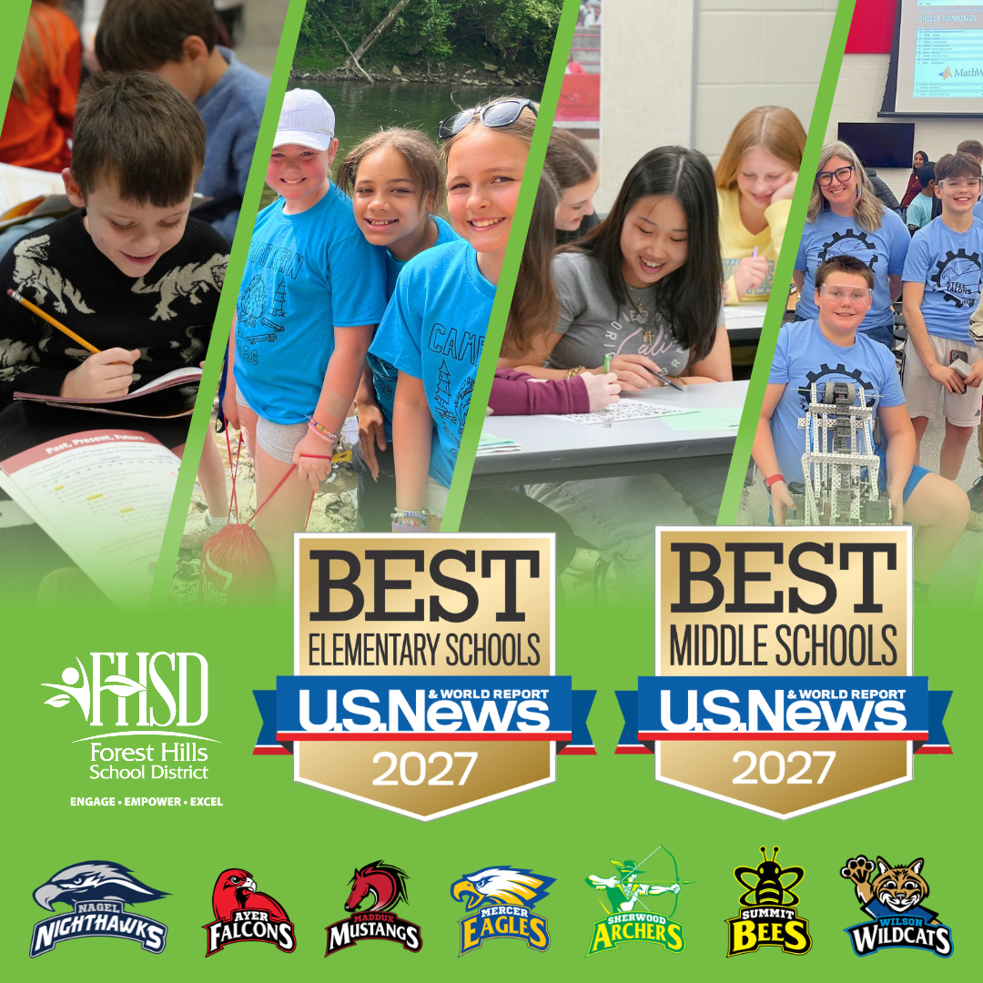 article graphic with four photos of K-8 students smiling, the FHSD logo, elementary school and Nagel logos, and two US News and world report badges